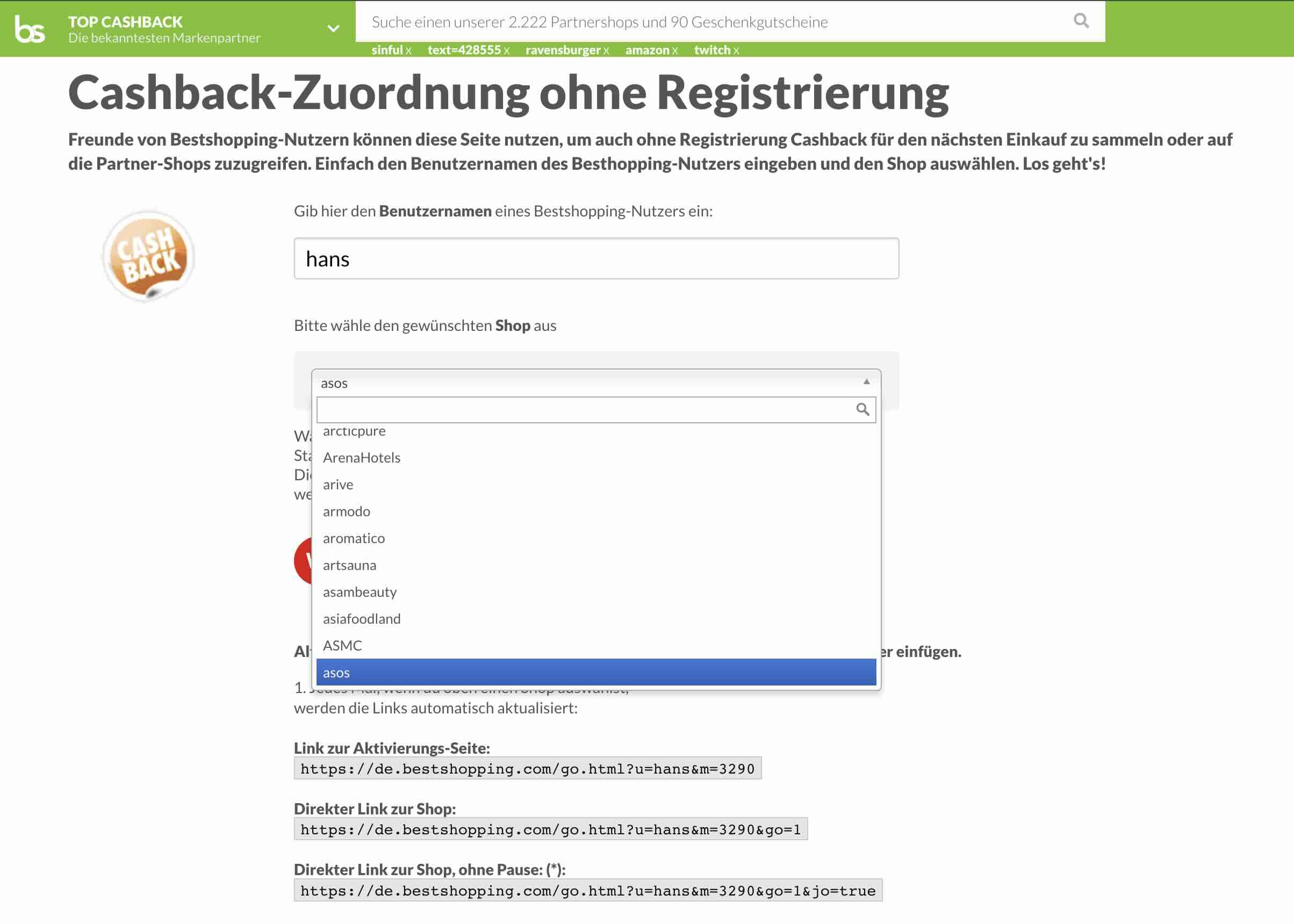 Cashback ohne Login aktivieren
